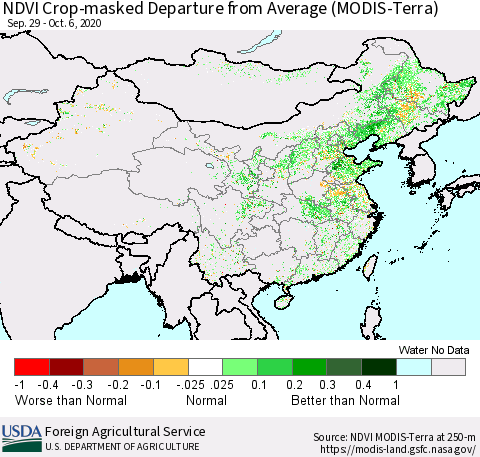 China and Taiwan Cropland NDVI Departure from Average (Terra-MODIS) Thematic Map For 10/1/2020 - 10/10/2020