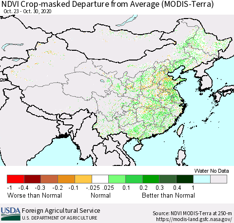 China and Taiwan Cropland NDVI Departure from Average (Terra-MODIS) Thematic Map For 10/21/2020 - 10/31/2020