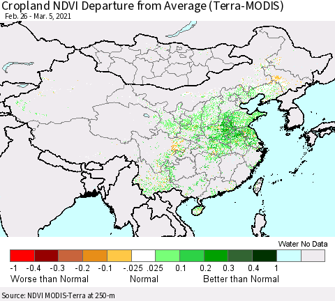 China, Mongolia and Taiwan Cropland NDVI Departure from Average (Terra-MODIS) Thematic Map For 2/26/2021 - 3/5/2021