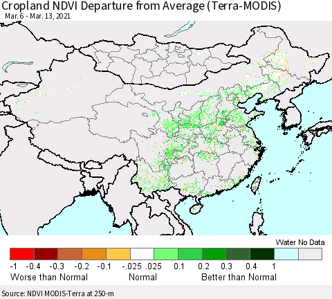 China, Mongolia and Taiwan Cropland NDVI Departure from Average (Terra-MODIS) Thematic Map For 3/6/2021 - 3/13/2021
