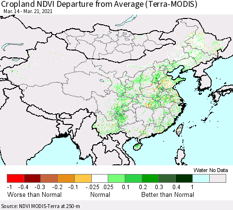 China, Mongolia and Taiwan Cropland NDVI Departure from Average (Terra-MODIS) Thematic Map For 3/14/2021 - 3/21/2021