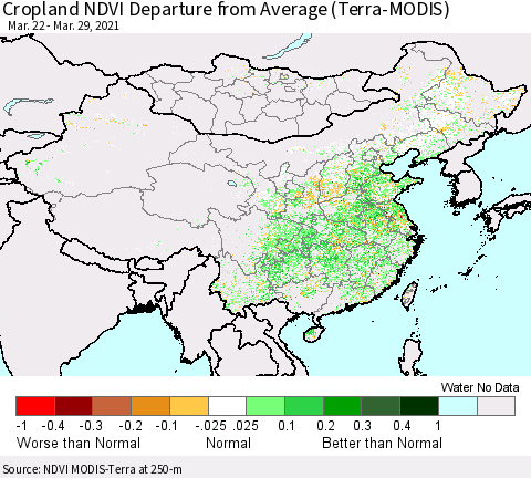 China, Mongolia and Taiwan Cropland NDVI Departure from Average (Terra-MODIS) Thematic Map For 3/22/2021 - 3/29/2021
