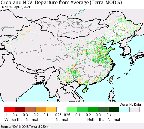 China, Mongolia and Taiwan Cropland NDVI Departure from Average (Terra-MODIS) Thematic Map For 3/30/2021 - 4/6/2021