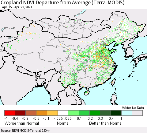 China, Mongolia and Taiwan Cropland NDVI Departure from Average (Terra-MODIS) Thematic Map For 4/15/2021 - 4/22/2021