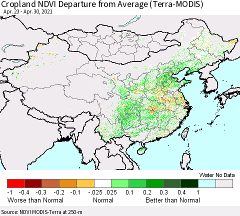 China, Mongolia and Taiwan Cropland NDVI Departure from Average (Terra-MODIS) Thematic Map For 4/23/2021 - 4/30/2021