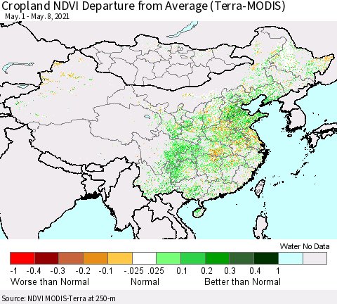 China, Mongolia and Taiwan Cropland NDVI Departure from Average (Terra-MODIS) Thematic Map For 5/1/2021 - 5/8/2021