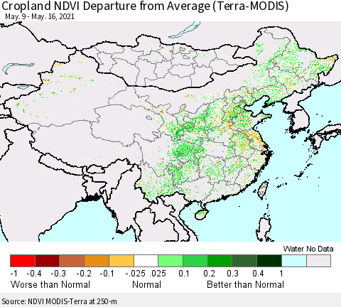 China, Mongolia and Taiwan Cropland NDVI Departure from Average (Terra-MODIS) Thematic Map For 5/9/2021 - 5/16/2021