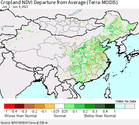 China, Mongolia and Taiwan Cropland NDVI Departure from Average (Terra-MODIS) Thematic Map For 6/2/2021 - 6/9/2021