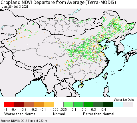 China, Mongolia and Taiwan Cropland NDVI Departure from Average (Terra-MODIS) Thematic Map For 6/26/2021 - 7/3/2021