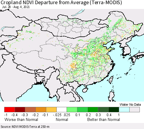 China, Mongolia and Taiwan Cropland NDVI Departure from Average (Terra-MODIS) Thematic Map For 7/28/2021 - 8/4/2021