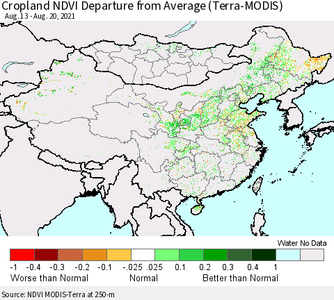 China, Mongolia and Taiwan Cropland NDVI Departure from Average (Terra-MODIS) Thematic Map For 8/13/2021 - 8/20/2021