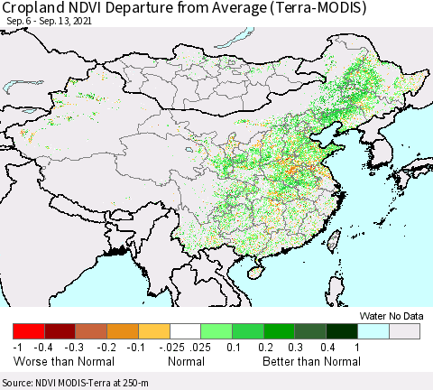 China, Mongolia and Taiwan Cropland NDVI Departure from Average (Terra-MODIS) Thematic Map For 9/6/2021 - 9/13/2021