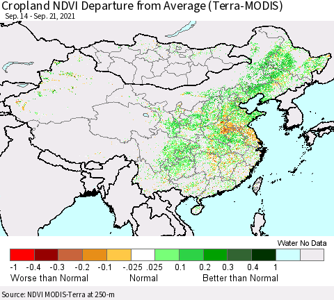 China, Mongolia and Taiwan Cropland NDVI Departure from Average (Terra-MODIS) Thematic Map For 9/14/2021 - 9/21/2021