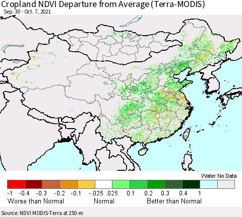 China, Mongolia and Taiwan Cropland NDVI Departure from Average (Terra-MODIS) Thematic Map For 9/30/2021 - 10/7/2021