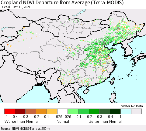 China, Mongolia and Taiwan Cropland NDVI Departure from Average (Terra-MODIS) Thematic Map For 10/8/2021 - 10/15/2021