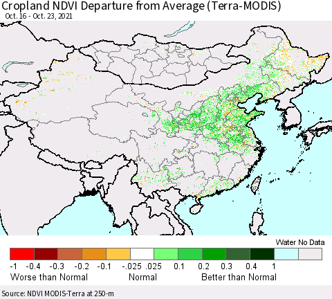 China, Mongolia and Taiwan Cropland NDVI Departure from Average (Terra-MODIS) Thematic Map For 10/16/2021 - 10/23/2021