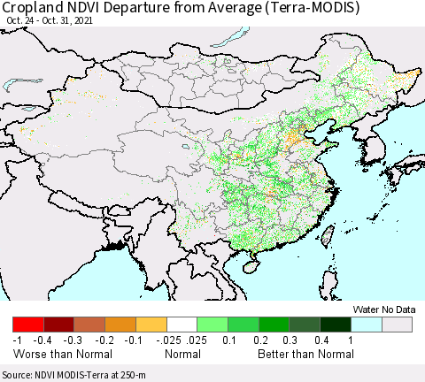 China, Mongolia and Taiwan Cropland NDVI Departure from Average (Terra-MODIS) Thematic Map For 10/24/2021 - 10/31/2021