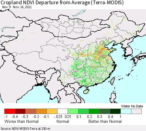 China, Mongolia and Taiwan Cropland NDVI Departure from Average (Terra-MODIS) Thematic Map For 11/9/2021 - 11/16/2021