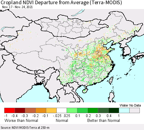China, Mongolia and Taiwan Cropland NDVI Departure from Average (Terra-MODIS) Thematic Map For 11/17/2021 - 11/24/2021