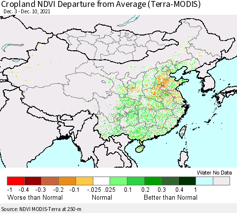 China, Mongolia and Taiwan Cropland NDVI Departure from Average (Terra-MODIS) Thematic Map For 12/3/2021 - 12/10/2021