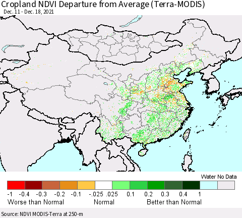 China, Mongolia and Taiwan Cropland NDVI Departure from Average (Terra-MODIS) Thematic Map For 12/11/2021 - 12/18/2021