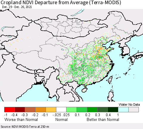 China, Mongolia and Taiwan Cropland NDVI Departure from Average (Terra-MODIS) Thematic Map For 12/19/2021 - 12/26/2021