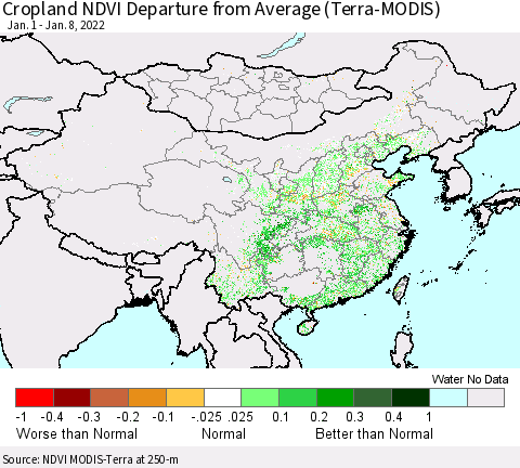 China, Mongolia and Taiwan Cropland NDVI Departure from Average (Terra-MODIS) Thematic Map For 1/1/2022 - 1/8/2022