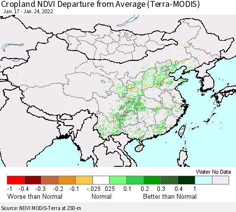 China, Mongolia and Taiwan Cropland NDVI Departure from Average (Terra-MODIS) Thematic Map For 1/17/2022 - 1/24/2022