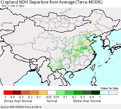 China, Mongolia and Taiwan Cropland NDVI Departure from Average (Terra-MODIS) Thematic Map For 2/2/2022 - 2/9/2022