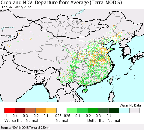 China, Mongolia and Taiwan Cropland NDVI Departure from Average (Terra-MODIS) Thematic Map For 2/26/2022 - 3/5/2022