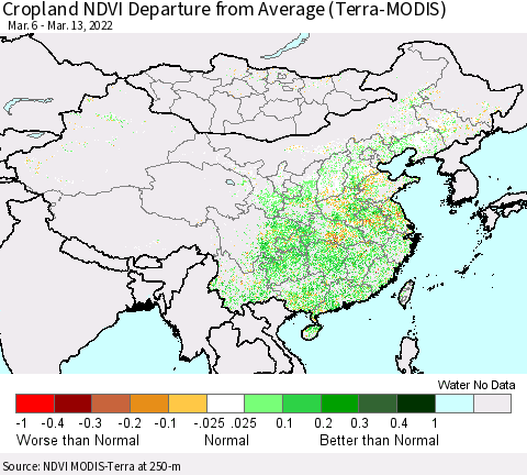 China, Mongolia and Taiwan Cropland NDVI Departure from Average (Terra-MODIS) Thematic Map For 3/6/2022 - 3/13/2022