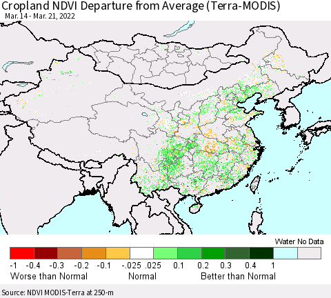 China, Mongolia and Taiwan Cropland NDVI Departure from Average (Terra-MODIS) Thematic Map For 3/14/2022 - 3/21/2022