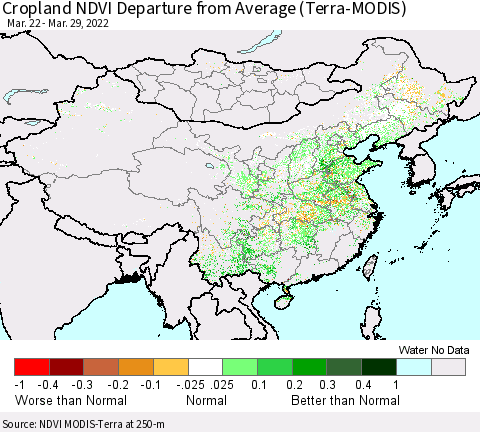 China, Mongolia and Taiwan Cropland NDVI Departure from Average (Terra-MODIS) Thematic Map For 3/22/2022 - 3/29/2022