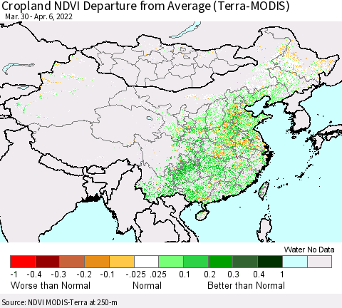 China, Mongolia and Taiwan Cropland NDVI Departure from Average (Terra-MODIS) Thematic Map For 3/30/2022 - 4/6/2022