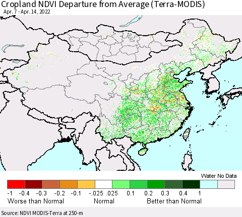 China, Mongolia and Taiwan Cropland NDVI Departure from Average (Terra-MODIS) Thematic Map For 4/7/2022 - 4/14/2022