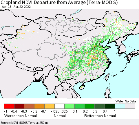 China, Mongolia and Taiwan Cropland NDVI Departure from Average (Terra-MODIS) Thematic Map For 4/15/2022 - 4/22/2022