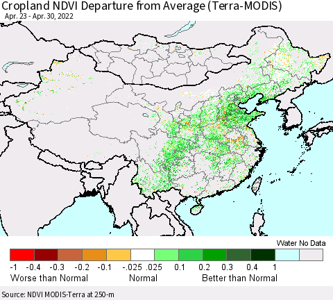 China, Mongolia and Taiwan Cropland NDVI Departure from Average (Terra-MODIS) Thematic Map For 4/23/2022 - 4/30/2022