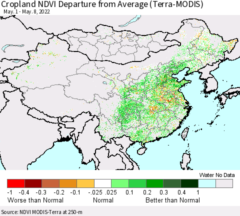 China, Mongolia and Taiwan Cropland NDVI Departure from Average (Terra-MODIS) Thematic Map For 5/1/2022 - 5/8/2022