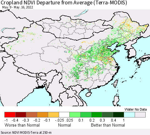 China, Mongolia and Taiwan Cropland NDVI Departure from Average (Terra-MODIS) Thematic Map For 5/9/2022 - 5/16/2022