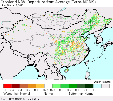 China, Mongolia and Taiwan Cropland NDVI Departure from Average (Terra-MODIS) Thematic Map For 6/26/2022 - 7/3/2022