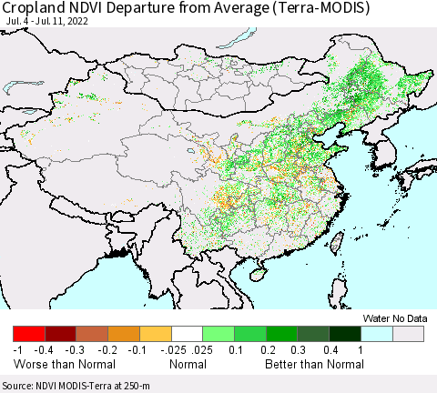 China, Mongolia and Taiwan Cropland NDVI Departure from Average (Terra-MODIS) Thematic Map For 7/4/2022 - 7/11/2022