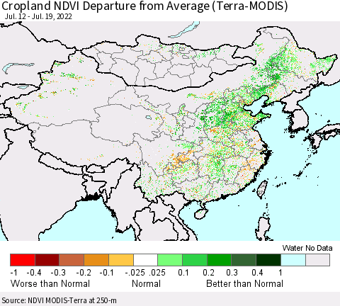 China, Mongolia and Taiwan Cropland NDVI Departure from Average (Terra-MODIS) Thematic Map For 7/12/2022 - 7/19/2022