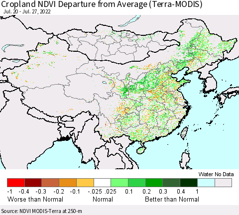 China, Mongolia and Taiwan Cropland NDVI Departure from Average (Terra-MODIS) Thematic Map For 7/20/2022 - 7/27/2022