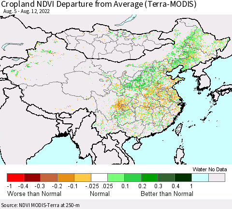 China, Mongolia and Taiwan Cropland NDVI Departure from Average (Terra-MODIS) Thematic Map For 8/5/2022 - 8/12/2022