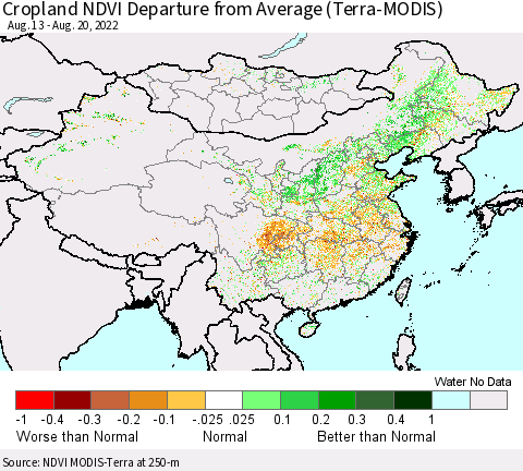 China, Mongolia and Taiwan Cropland NDVI Departure from Average (Terra-MODIS) Thematic Map For 8/13/2022 - 8/20/2022