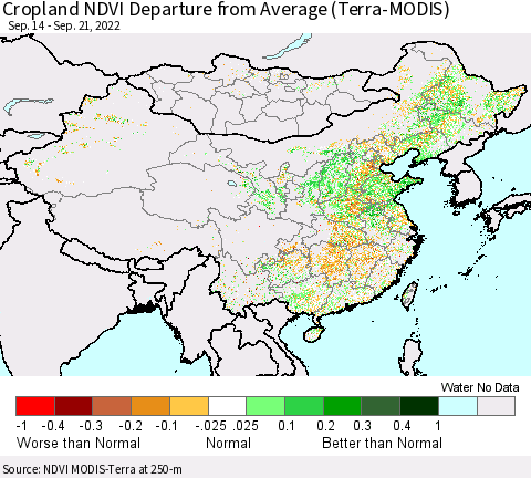 China, Mongolia and Taiwan Cropland NDVI Departure from Average (Terra-MODIS) Thematic Map For 9/14/2022 - 9/21/2022