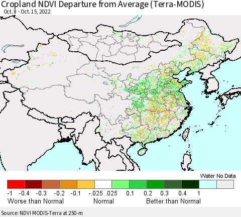 China, Mongolia and Taiwan Cropland NDVI Departure from Average (Terra-MODIS) Thematic Map For 10/8/2022 - 10/15/2022