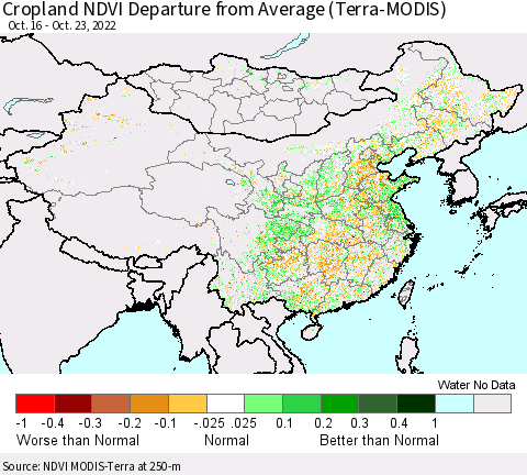 China, Mongolia and Taiwan Cropland NDVI Departure from Average (Terra-MODIS) Thematic Map For 10/16/2022 - 10/23/2022