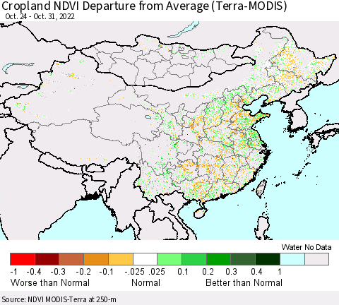 China, Mongolia and Taiwan Cropland NDVI Departure from Average (Terra-MODIS) Thematic Map For 10/24/2022 - 10/31/2022