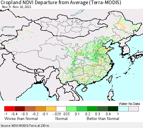 China, Mongolia and Taiwan Cropland NDVI Departure from Average (Terra-MODIS) Thematic Map For 11/9/2022 - 11/16/2022